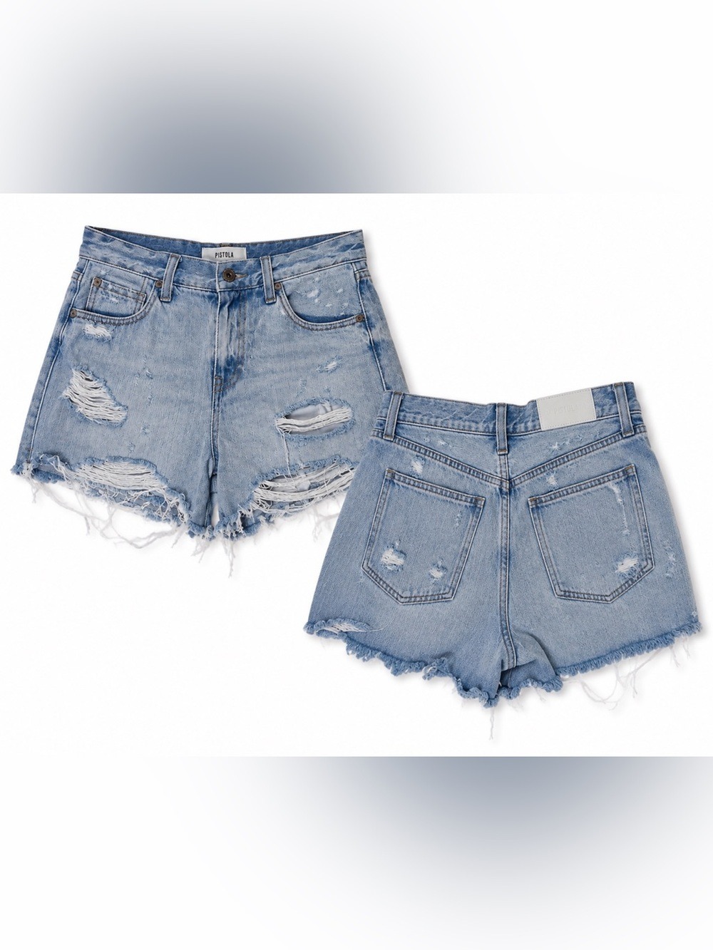 PISTOLA Relaxed Cut Off Jean Shorts Size 26 Blue Light Wash Distressed Raw Hem